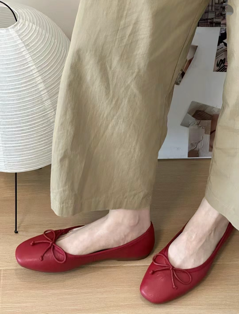 Genuine Leather French Bow Ballet Flats for Women - Little Red Slip-On Casual Loafers, Soft-Soled, Flat, Simple Design