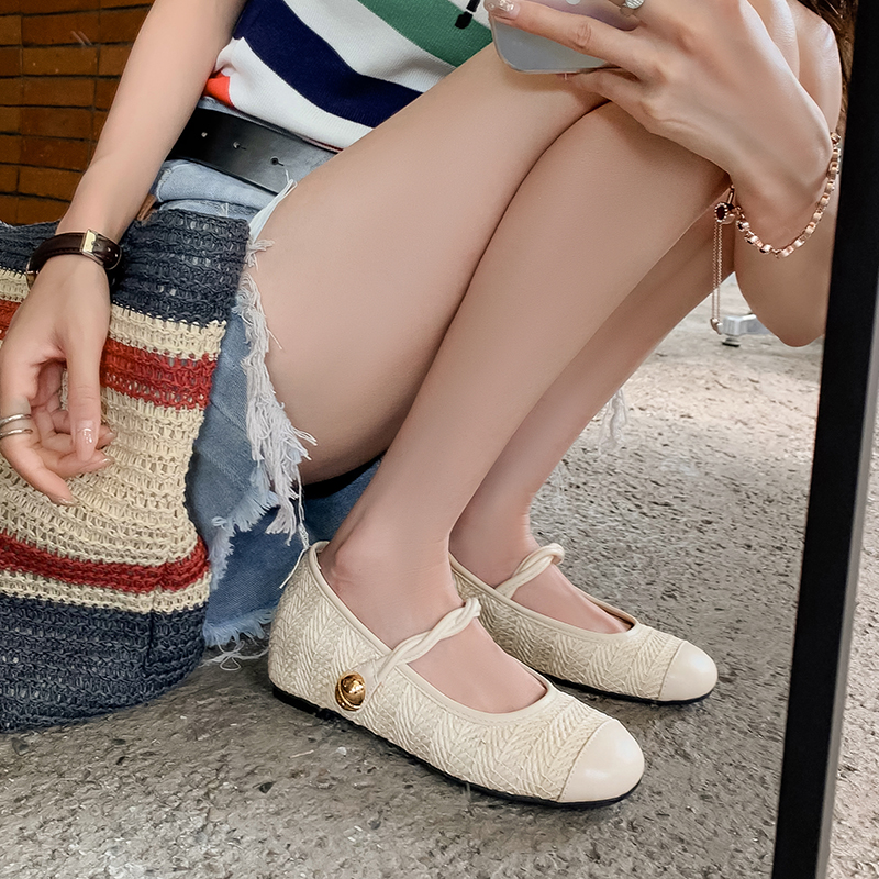 Genuine Leather French-Style Evening Ballet Flats for Women - Woven Mary Jane Shoes, Height-Increasing Vacation Summer Footwear Genuine Leather French-Style Evening Ballet Flats for Women - Woven Mary Jane Shoes, Height-Increasing Vacation Summer Footwear