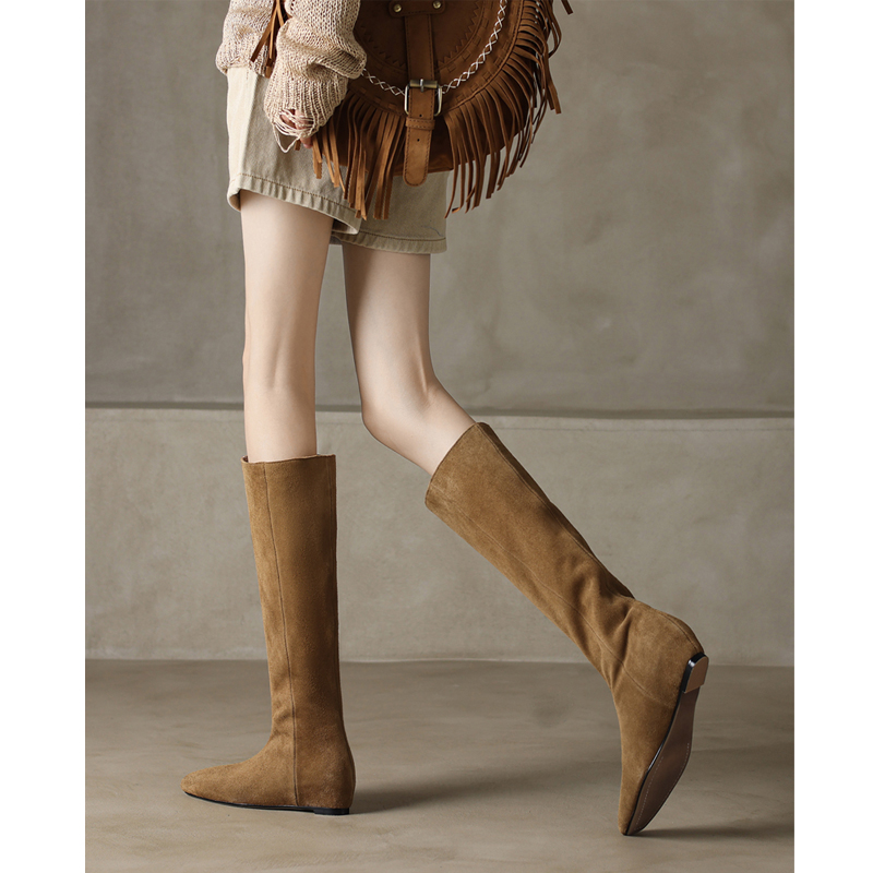 Genuine Leather French-Style High-Heeled Knee-High Cowboy Boots for Women - Suede Western Knight Boots, Y2K Fashion Trend
