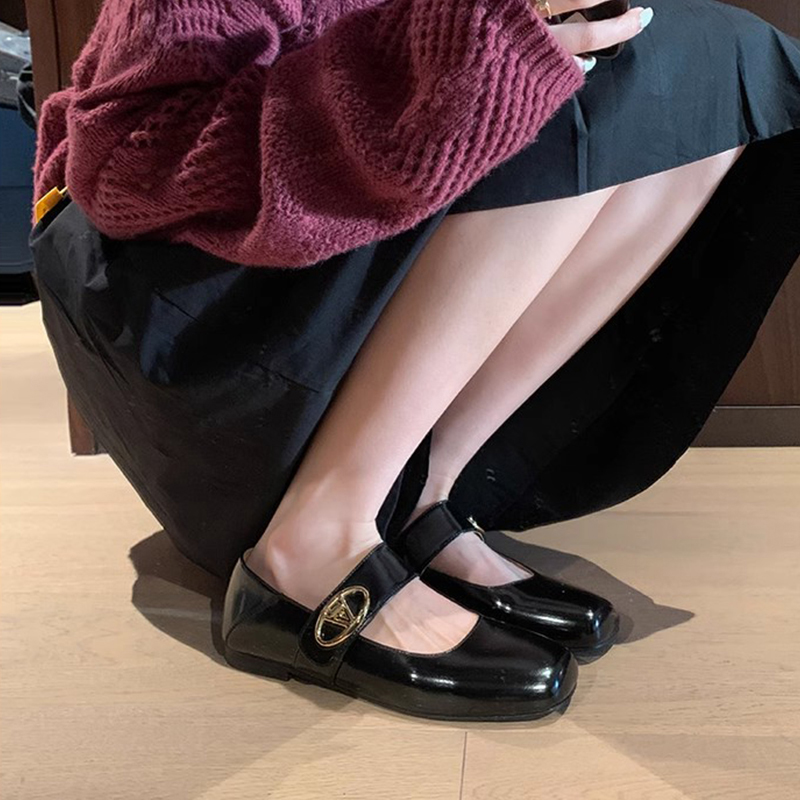 Genuine Leather French Vintage One-Strap Mary Jane Shoes, 2025 Autumn Square-Toe Ballet Flats, Retro Style Footwear