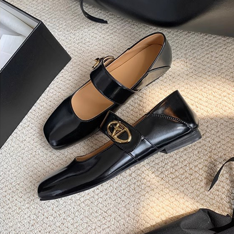 Genuine Leather French Vintage One-Strap Mary Jane Shoes, 2025 Autumn Square-Toe Ballet Flats, Retro Style Footwear