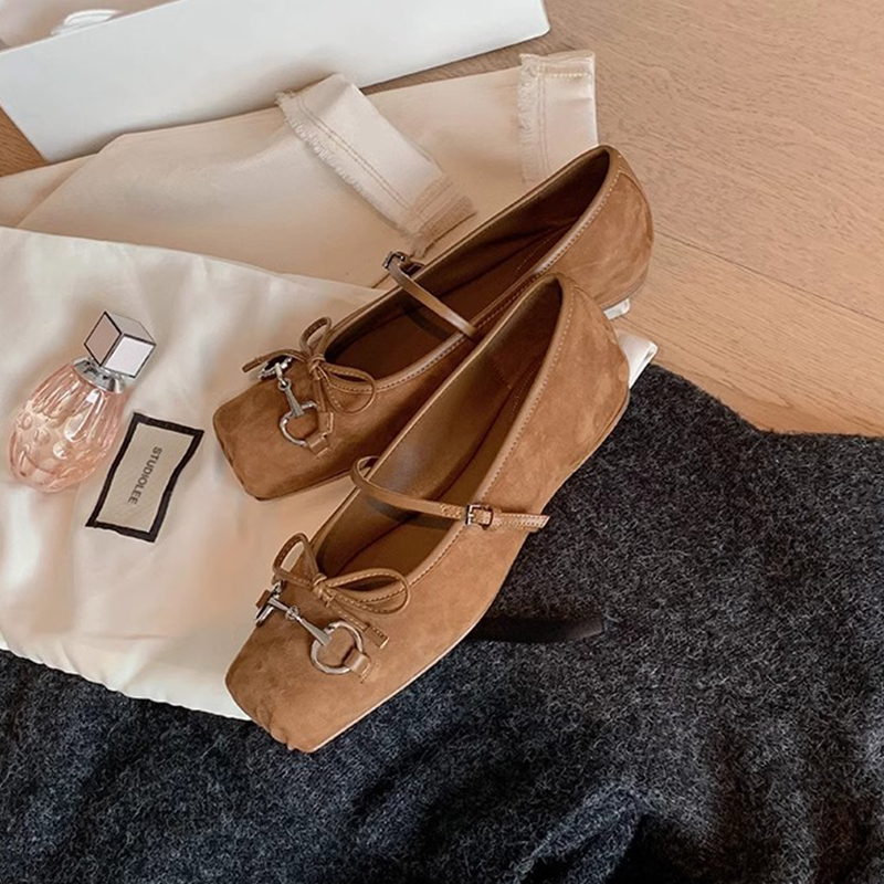 Genuine Leather Horse Bit Bow Ballet Flats - Retro French Square Toe Mary Jane Shoes for Timeless Style