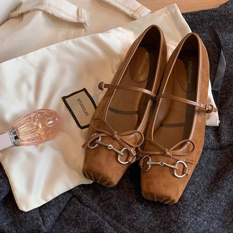Genuine Leather Horse Bit Bow Ballet Flats - Retro French Square Toe Mary Jane Shoes for Timeless Style