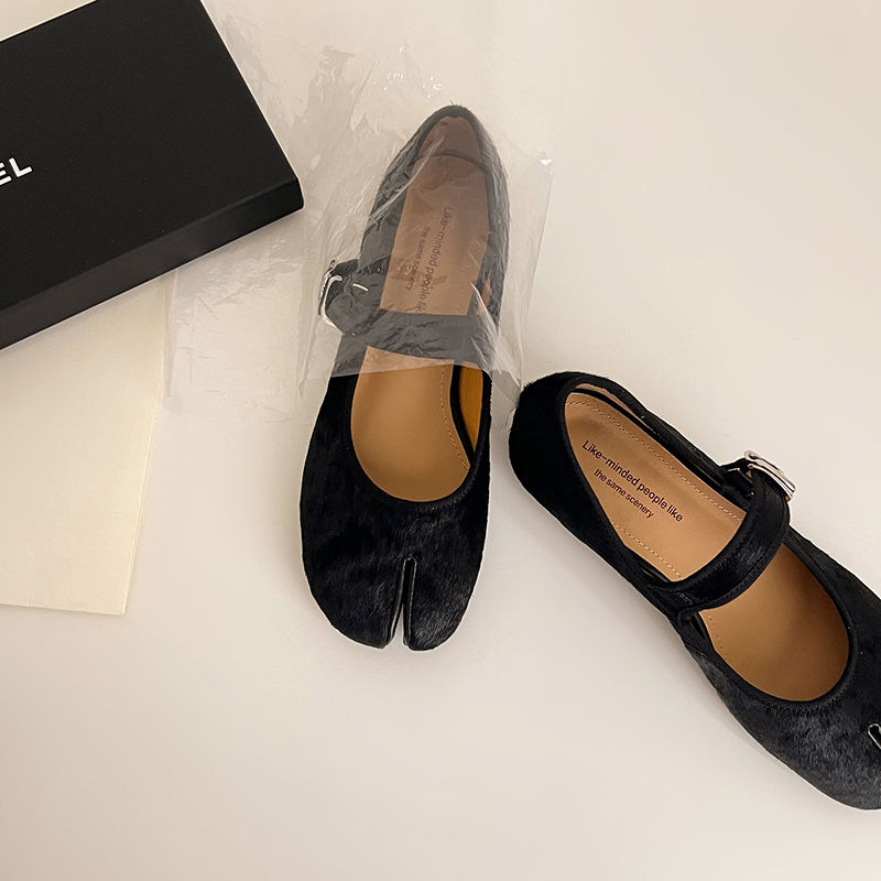 Genuine Leather Horsehair Split-Toe Mary Jane Flats, Retro French Design Ballet Shoes with Ultra-Soft Soles for Autumn & Winter