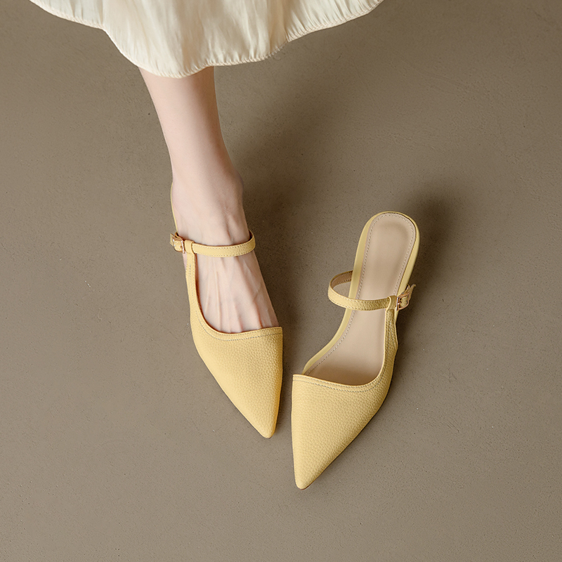 Genuine Leather One-Strap Open-Toe Half-Drag Sandals for Women - Summer Pointed Cat Heel Mules Genuine Leather One-Strap Open-Toe Half-Drag Sandals for Women - Summer Pointed Cat Heel Mules