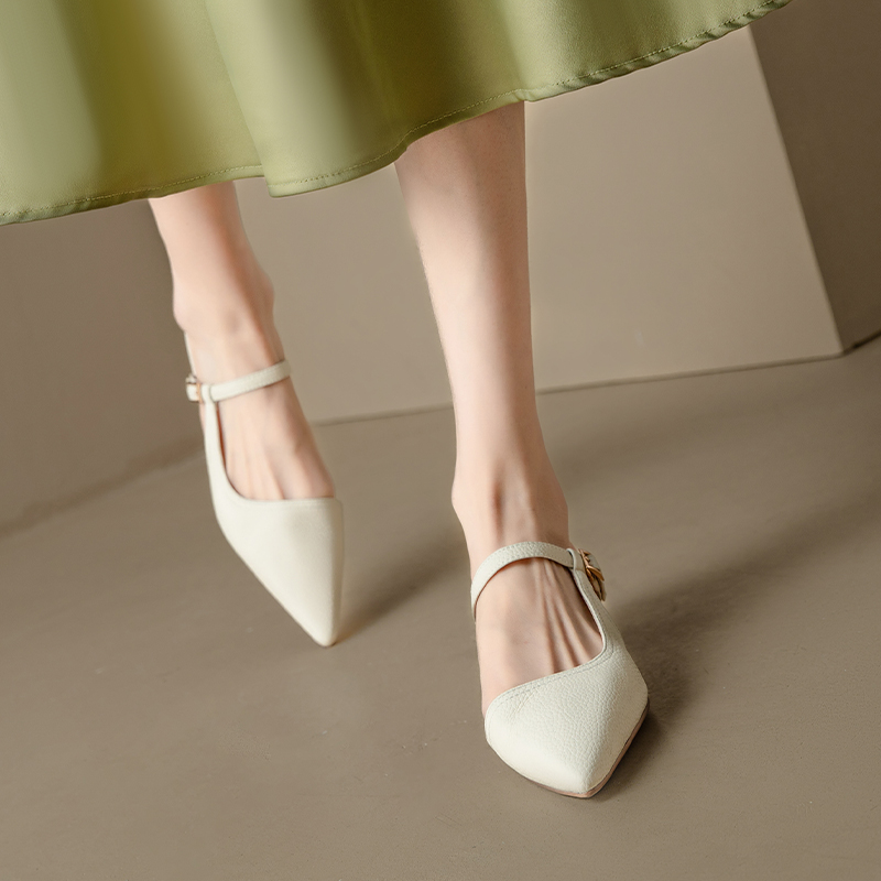 Genuine Leather One-Strap Open-Toe Half-Drag Sandals for Women - Summer Pointed Cat Heel Mules