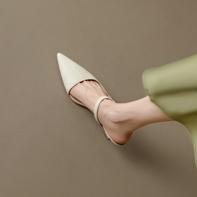 Genuine Leather One-Strap Open-Toe Half-Drag Sandals for Women - Summer Pointed Cat Heel Mules Genuine Leather One-Strap Open-Toe Half-Drag Sandals for Women - Summer Pointed Cat Heel Mules