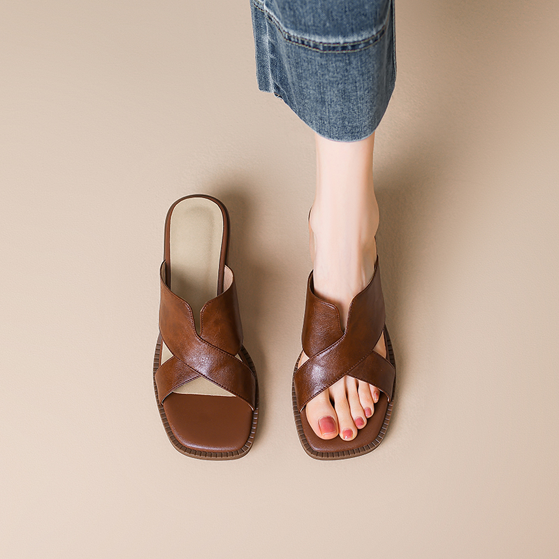 Genuine Leather Open Toe Chunky Heel Slide Sandals for Women - Square Toe Summer Outdoor Footwear