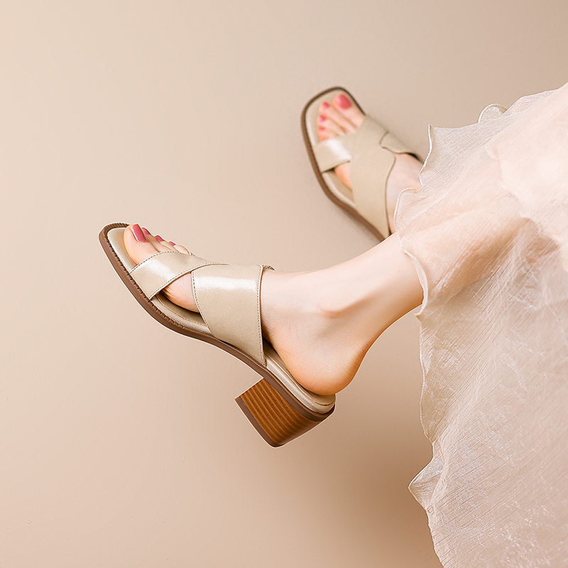 Genuine Leather Open Toe Chunky Heel Slide Sandals for Women - Square Toe Summer Outdoor Footwear Genuine Leather Open Toe Chunky Heel Slide Sandals for Women - Square Toe Summer Outdoor Footwear