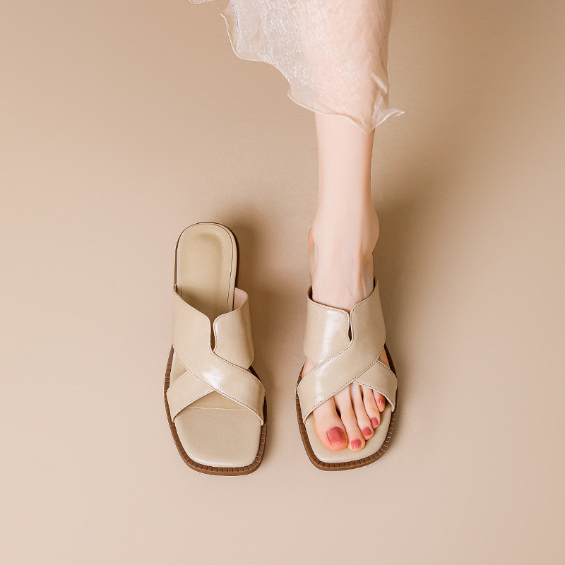 Genuine Leather Open Toe Chunky Heel Slide Sandals for Women - Square Toe Summer Outdoor Footwear Genuine Leather Open Toe Chunky Heel Slide Sandals for Women - Square Toe Summer Outdoor Footwear