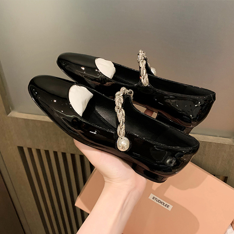 Genuine Leather Pearl Chain Mary Jane Women's Shoes - Summer 2025 French Low-Heeled Chunky Flats