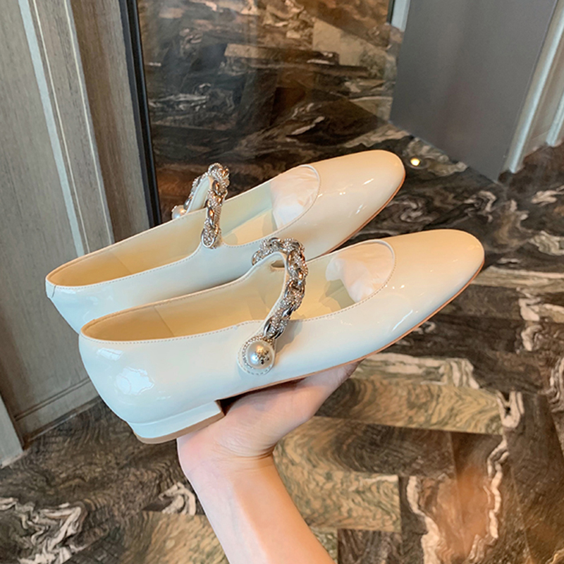Genuine Leather Pearl Chain Mary Jane Women's Shoes - Summer 2025 French Low-Heeled Chunky Flats