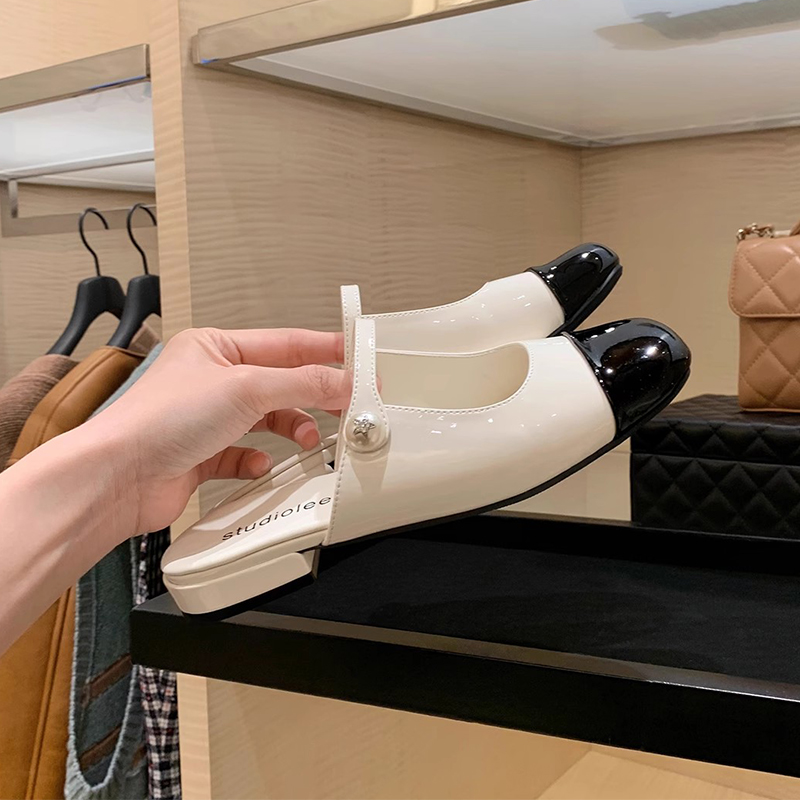 Genuine Leather Pearl Square-Toe Half Slippers for Women - Summer French Mary Jane Mules with Flat Chunky Heel