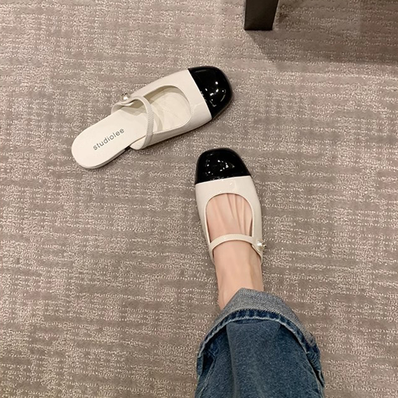 Genuine Leather Pearl Square-Toe Half Slippers for Women - Summer French Mary Jane Mules with Flat Chunky Heel Genuine Leather Pearl Square-Toe Half Slippers for Women - Summer French Mary Jane Mules with Flat Chunky Heel