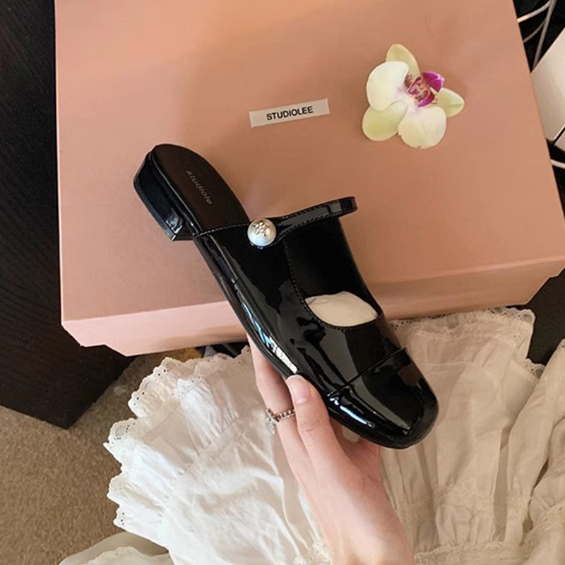 Genuine Leather Pearl Square-Toe Half Slippers for Women - Summer French Mary Jane Mules with Flat Chunky Heel Genuine Leather Pearl Square-Toe Half Slippers for Women - Summer French Mary Jane Mules with Flat Chunky Heel