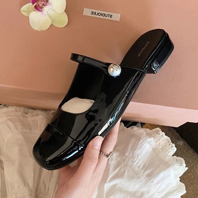 Genuine Leather Pearl Square-Toe Half Slippers for Women - Summer French Mary Jane Mules with Flat Chunky Heel