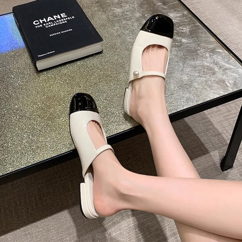 Genuine Leather Pearl Square-Toe Half Slippers for Women - Summer French Mary Jane Mules with Flat Chunky Heel Genuine Leather Pearl Square-Toe Half Slippers for Women - Summer French Mary Jane Mules with Flat Chunky Heel