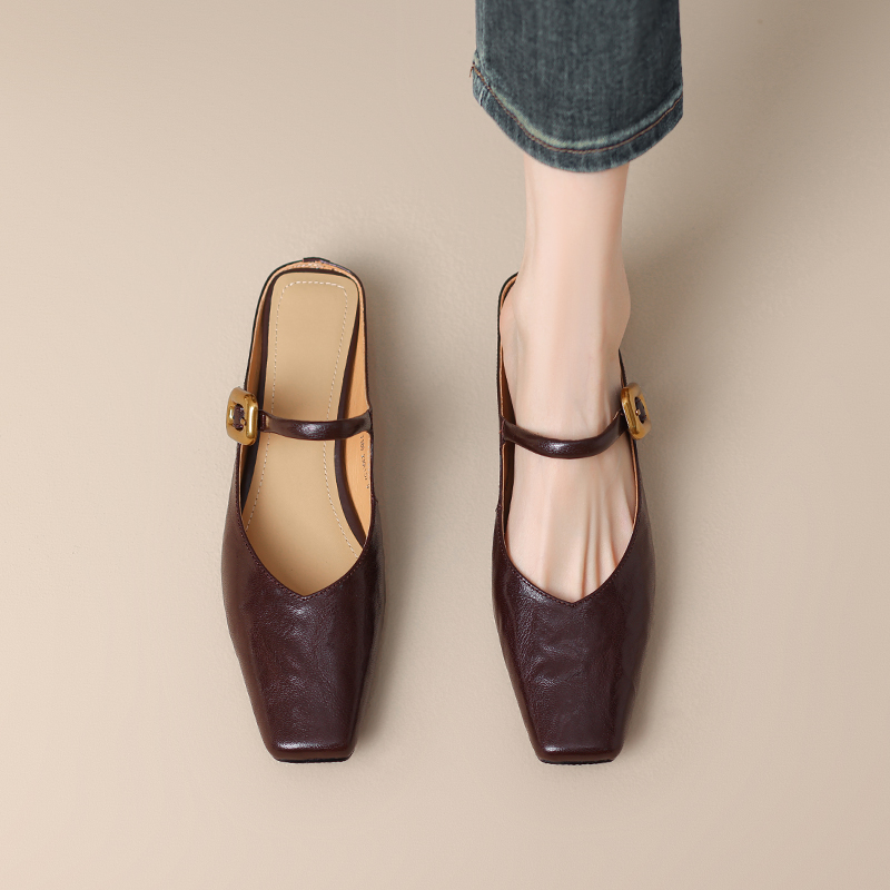 Genuine Leather Retro Square Toe Chunky Heel Mules for Women - Super Slimming Open Toe Slip-On with Single Strap Genuine Leather Retro Square Toe Chunky Heel Mules for Women - Super Slimming Open Toe Slip-On with Single Strap