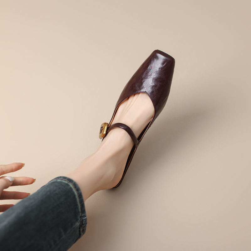 Genuine Leather Retro Square Toe Chunky Heel Mules for Women - Super Slimming Open Toe Slip-On with Single Strap Genuine Leather Retro Square Toe Chunky Heel Mules for Women - Super Slimming Open Toe Slip-On with Single Strap