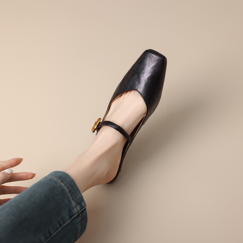 Genuine Leather Retro Square Toe Chunky Heel Mules for Women - Super Slimming Open Toe Slip-On with Single Strap Genuine Leather Retro Square Toe Chunky Heel Mules for Women - Super Slimming Open Toe Slip-On with Single Strap