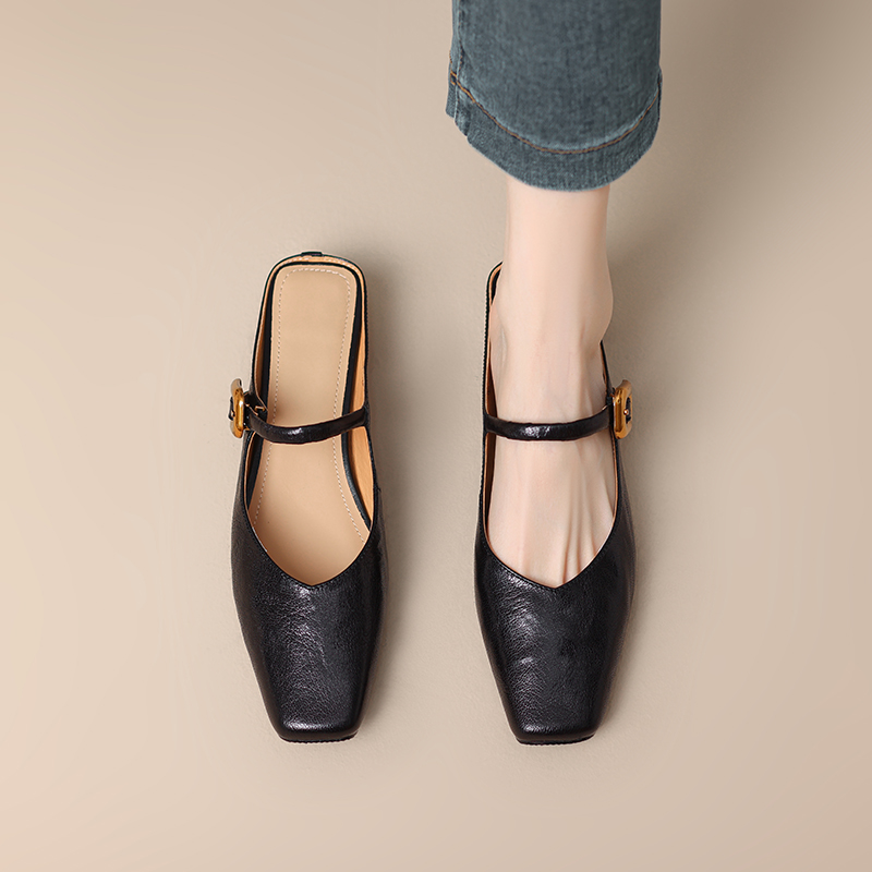 Genuine Leather Retro Square Toe Chunky Heel Mules for Women - Super Slimming Open Toe Slip-On with Single Strap