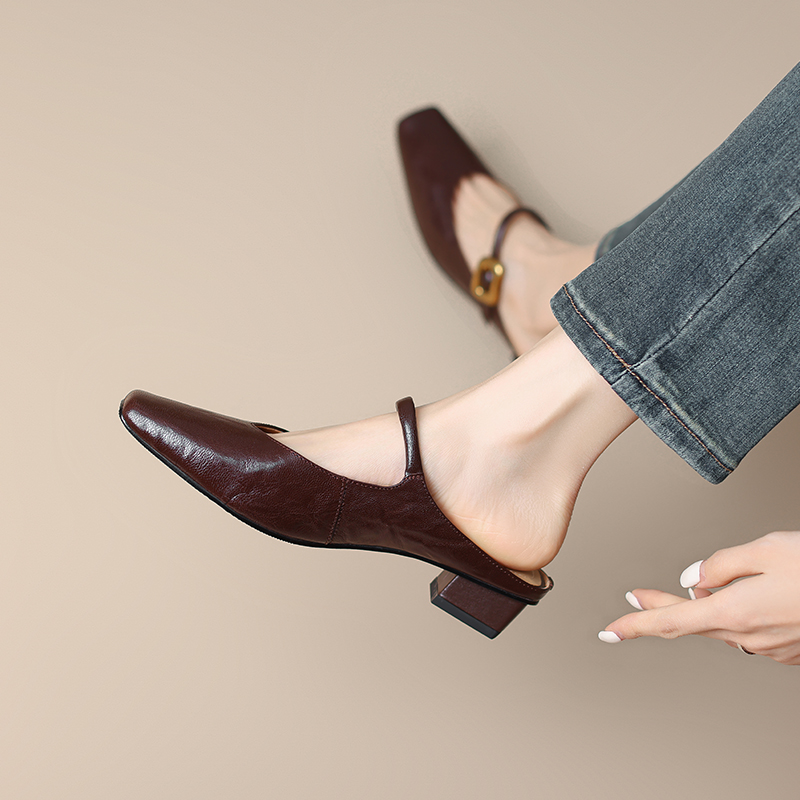 Genuine Leather Retro Square Toe Chunky Heel Mules for Women - Super Slimming Open Toe Slip-On with Single Strap Genuine Leather Retro Square Toe Chunky Heel Mules for Women - Super Slimming Open Toe Slip-On with Single Strap