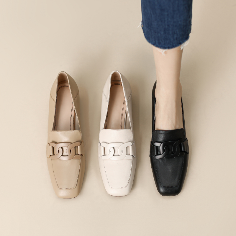 Genuine Leather Retro Square-Toe Slip-On Chunky Heel Loafers - Soft Sole Mid-Heel French Flats for Women