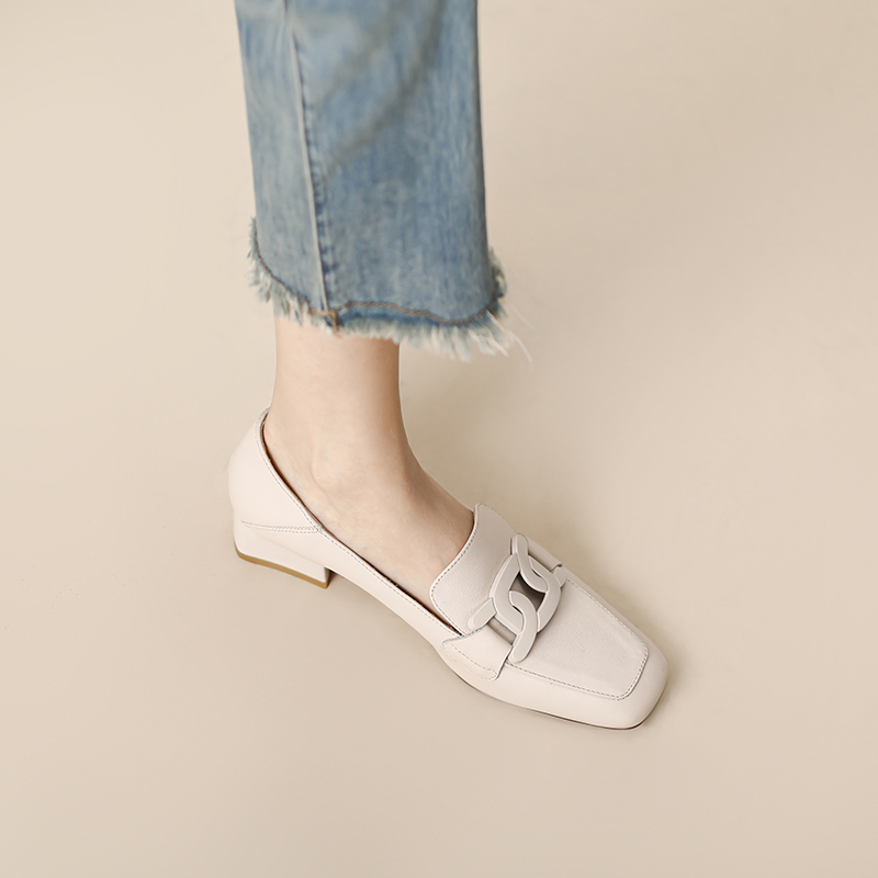 Genuine Leather Retro Square-Toe Slip-On Chunky Heel Loafers - Soft Sole Mid-Heel French Flats for Women