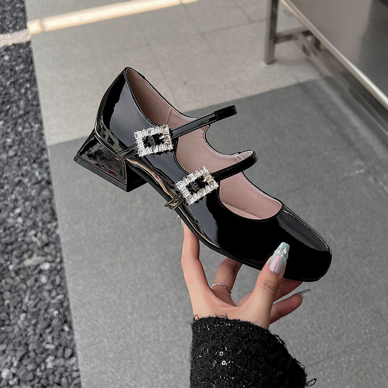Genuine Leather Rhinestone Chunky Heel Mary Jane Shoes - French Low-Heeled Double Buckle Square Toe Flats for Women