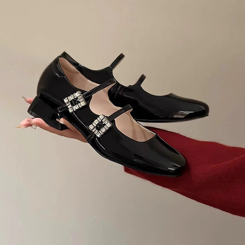 Genuine Leather Rhinestone Chunky Heel Mary Jane Shoes - French Low-Heeled Double Buckle Square Toe Flats for Women