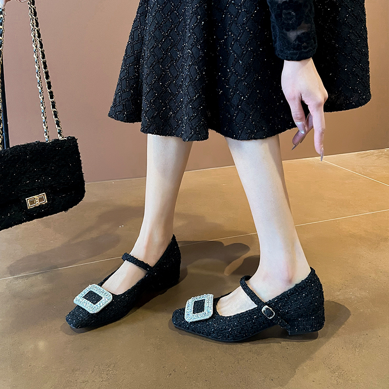 Genuine Leather Rhinestone Square Buckle Chunky Heel Mary Jane Shoes for Women - Spring French Style Square Toe Low Heel