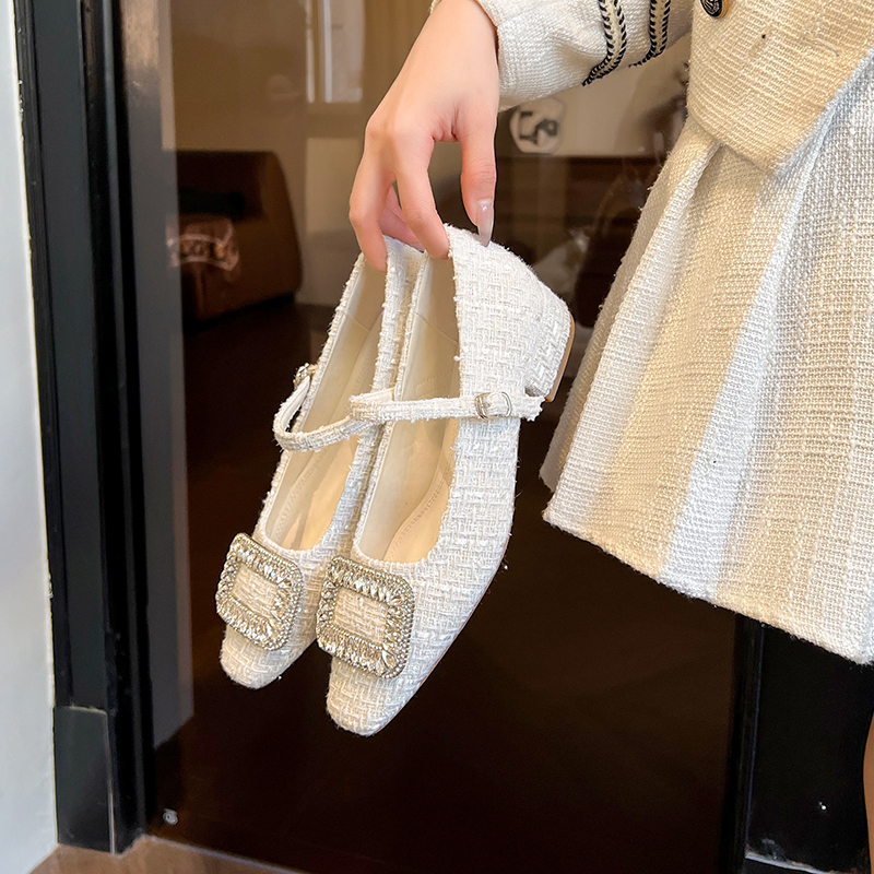 Genuine Leather Rhinestone Square Buckle Chunky Heel Mary Jane Shoes for Women - Spring French Style Square Toe Low Heel Genuine Leather Rhinestone Square Buckle Chunky Heel Mary Jane Shoes for Women - Spring French Style Square Toe Low Heel