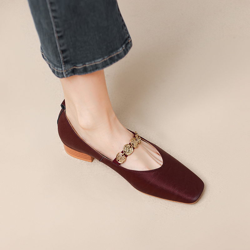 Genuine Leather Slimming Square-Toe Coin Chain French Mary Jane Shoes with Soft Flat Soles - Chic and Stylish Footwear
