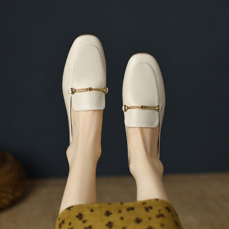 Genuine Leather Slip-On Loafers with Retro Gold Buckle, Square-Toe Flat Shoes, Vintage Style Footwear for Effortless Chic
