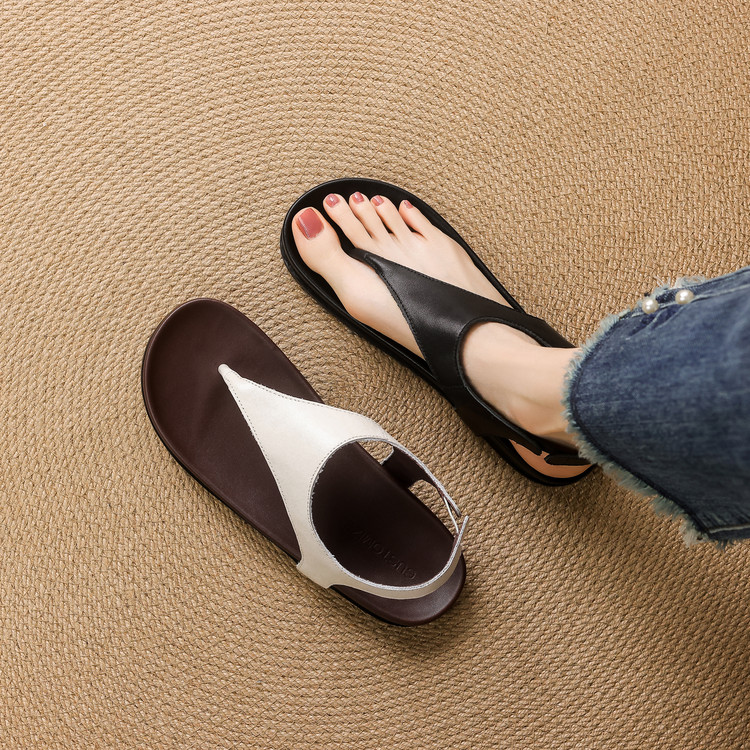 Genuine Leather Thick-Soled Flip-Flop Sandals for Women - Casual Vacation Beach Roman Style Footwear