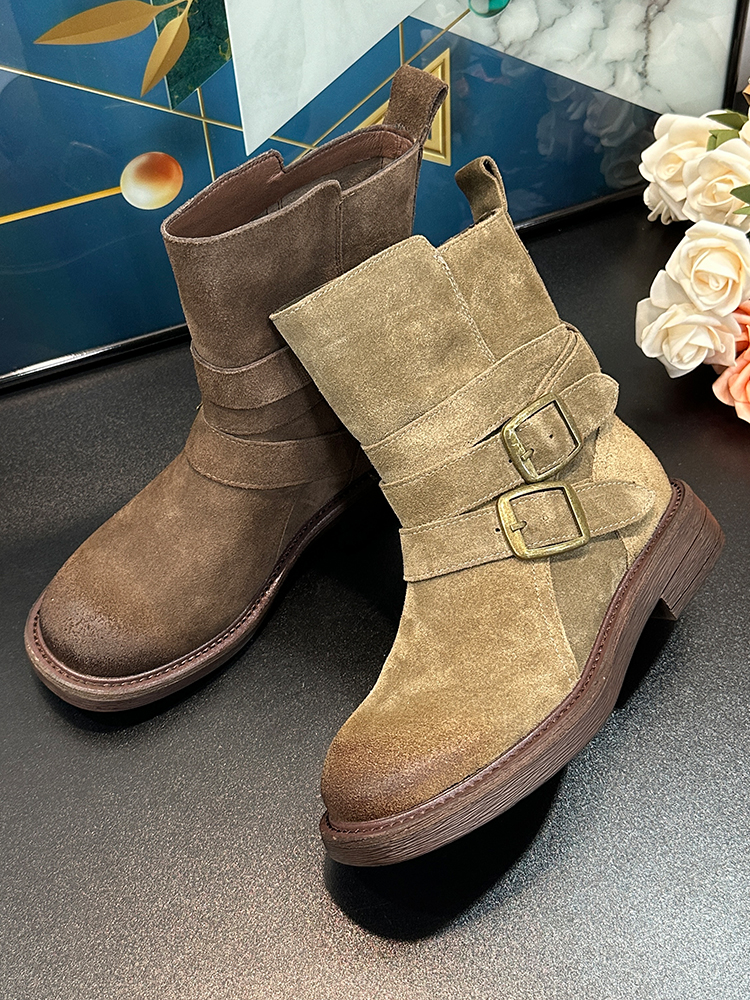 Genuine Leather Women's Martin Boots - Round Toe, Belt Buckle, Thick-Soled, Mid-Calf - 2025 Autumn Winter Western Style