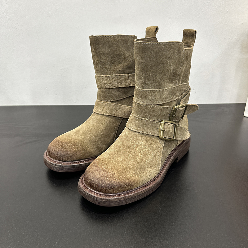 Genuine Leather Women's Martin Boots - Round Toe, Belt Buckle, Thick-Soled, Mid-Calf - 2025 Autumn Winter Western Style