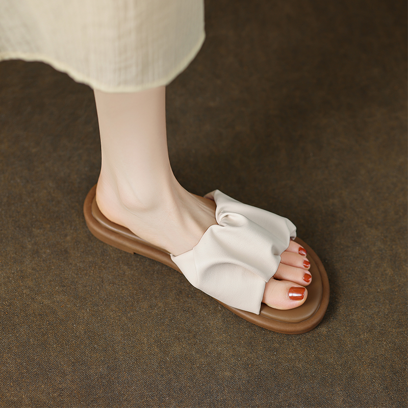 Giant Soft French Pleated Open-Toe Flat Sandals for Women - Casual Summer Beach Slippers