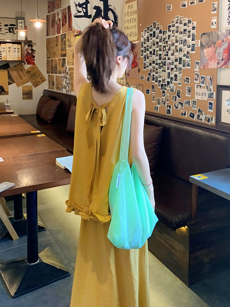 Ginger Yellow Sleeveless Vest and Long Skirt Two-Piece Set for Women - Summer 2025 Vacation Style Relaxed Fit Ginger Yellow Sleeveless Vest and Long Skirt Two-Piece Set for Women - Summer 2025 Vacation Style Relaxed Fit