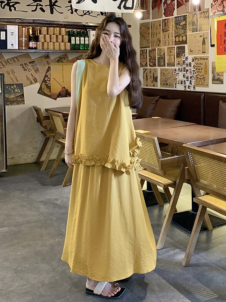 Ginger Yellow Sleeveless Vest and Long Skirt Two-Piece Set for Women - Summer 2025 Vacation Style Relaxed Fit Ginger Yellow Sleeveless Vest and Long Skirt Two-Piece Set for Women - Summer 2025 Vacation Style Relaxed Fit