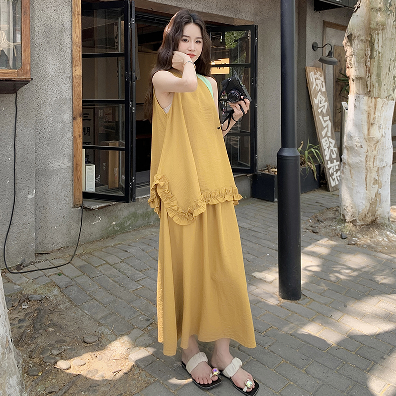 Ginger Yellow Sleeveless Vest and Long Skirt Two-Piece Set for Women - Summer 2025 Vacation Style Relaxed Fit