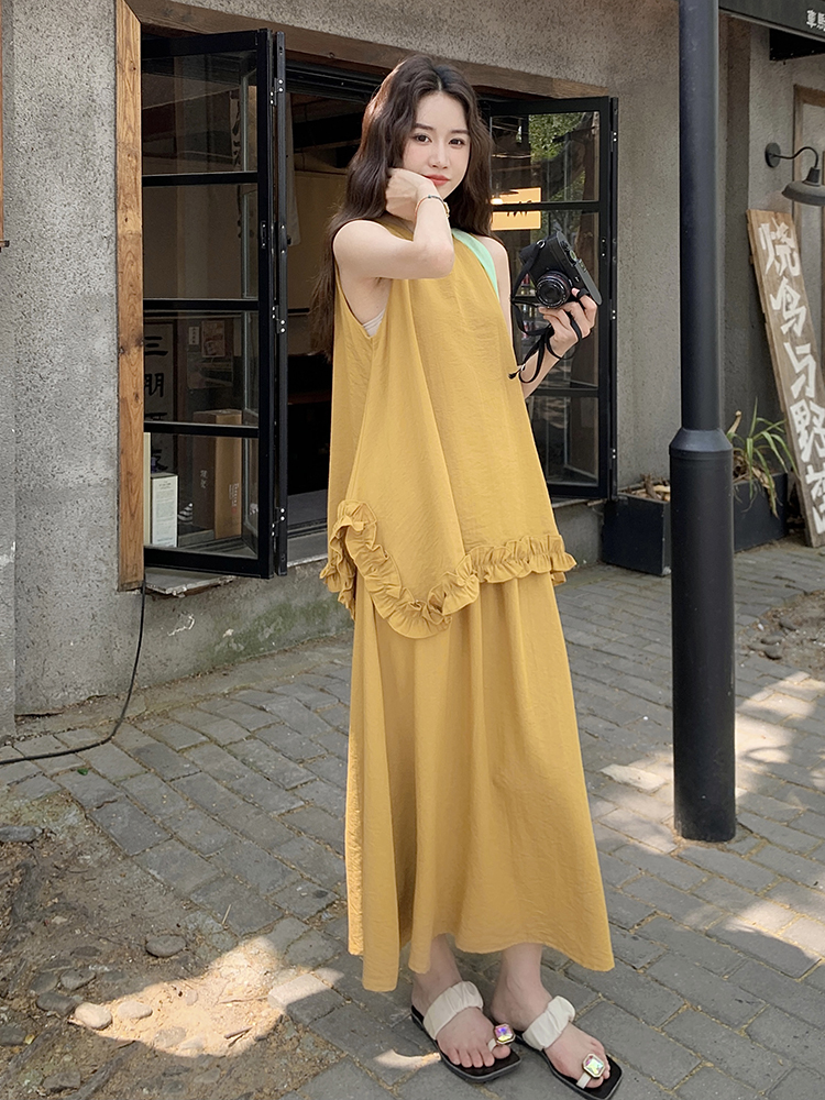 Ginger Yellow Sleeveless Vest and Long Skirt Two-Piece Set for Women - Summer 2025 Vacation Style Relaxed Fit