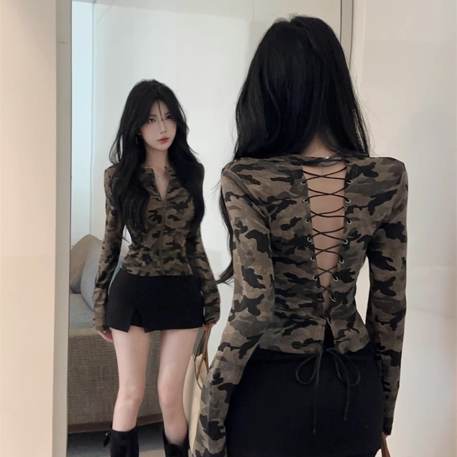 Girls' K-Pop Dance Performance Outfit, Spicy Camouflage Back Tie Long Sleeve Jazz Top T-Shirt Girls' K-Pop Dance Performance Outfit, Spicy Camouflage Back Tie Long Sleeve Jazz Top T-Shirt