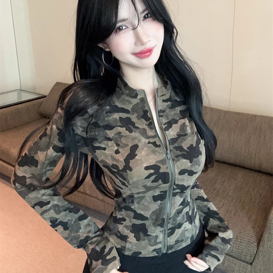 Girls' K-Pop Dance Performance Outfit, Spicy Camouflage Back Tie Long Sleeve Jazz Top T-Shirt Girls' K-Pop Dance Performance Outfit, Spicy Camouflage Back Tie Long Sleeve Jazz Top T-Shirt