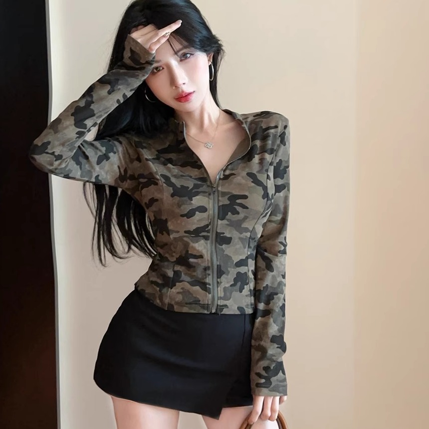 Girls' K-Pop Dance Performance Outfit, Spicy Camouflage Back Tie Long Sleeve Jazz Top T-Shirt Girls' K-Pop Dance Performance Outfit, Spicy Camouflage Back Tie Long Sleeve Jazz Top T-Shirt