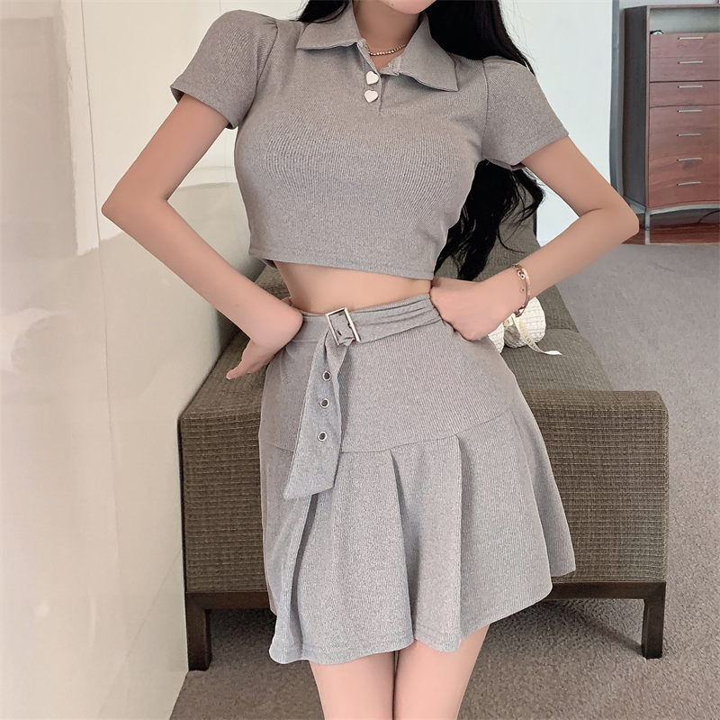 Girls' Sweet and Spicy Summer Two-Piece Set: Cutout Top and Short Skirt, Y2K Inspired Fashion for Trendy Young Styles Girls' Sweet and Spicy Summer Two-Piece Set: Cutout Top and Short Skirt, Y2K Inspired Fashion for Trendy Young Styles