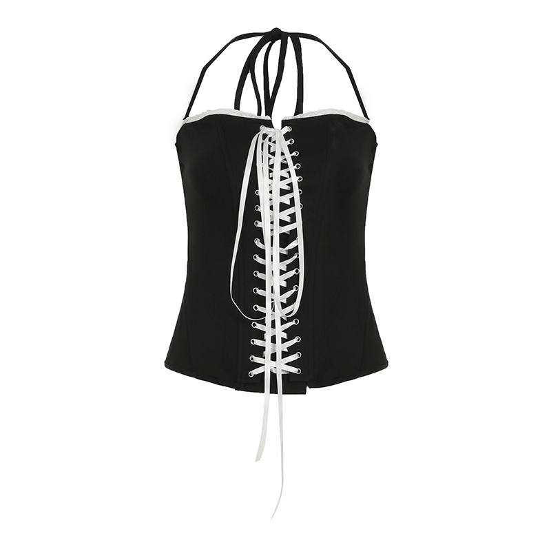 Gothic Battle Angel Outfit with Eyelet Strap Neckline Bustier and Color-Block Tulip Skirt â€“ Y2K Dark Fashion Ensemble