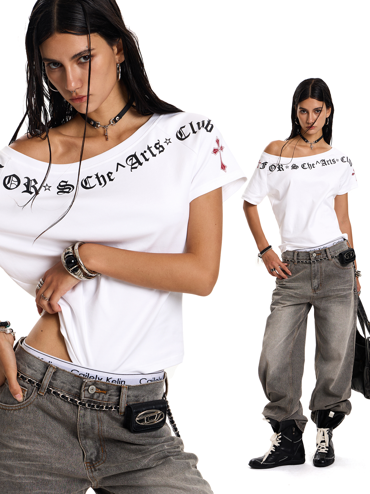 Gothic Cross Off-Shoulder T-Shirt for Women - Summer Loose Slim Fit Top with Short Sleeves for Spicy American Style Gothic Cross Off-Shoulder T-Shirt for Women - Summer Loose Slim Fit Top with Short Sleeves for Spicy American Style