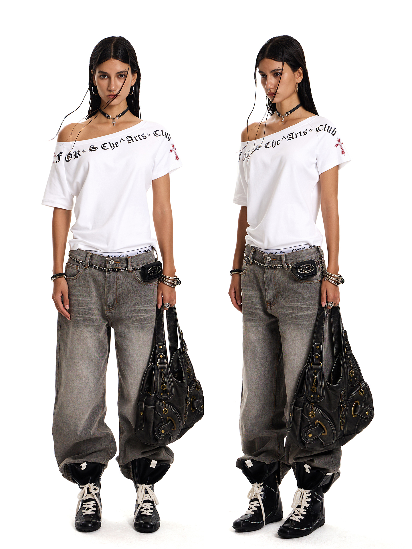 Gothic Cross Off-Shoulder T-Shirt for Women - Summer Loose Slim Fit Top with Short Sleeves for Spicy American Style Gothic Cross Off-Shoulder T-Shirt for Women - Summer Loose Slim Fit Top with Short Sleeves for Spicy American Style