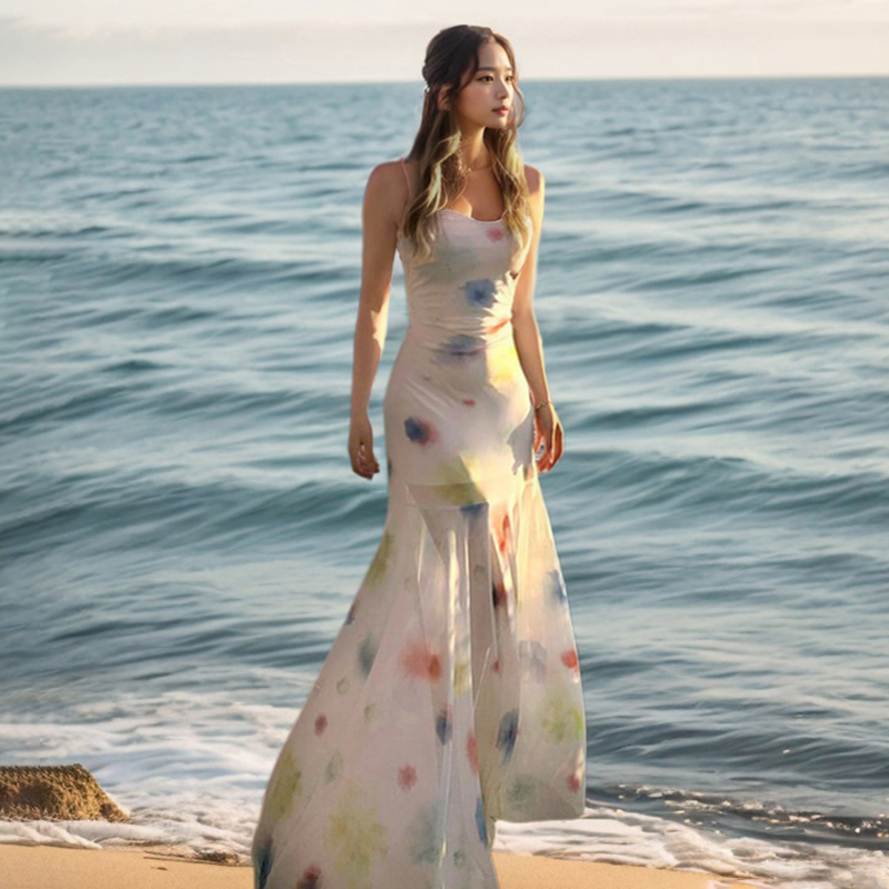 Gradient Floral Spaghetti Strap Long Dress - Summer Sexy Flowing Mesh Dress for Seaside Vacation Style, Perfect for Y2K Fashion Gradient Floral Spaghetti Strap Long Dress - Summer Sexy Flowing Mesh Dress for Seaside Vacation Style, Perfect for Y2K Fashion